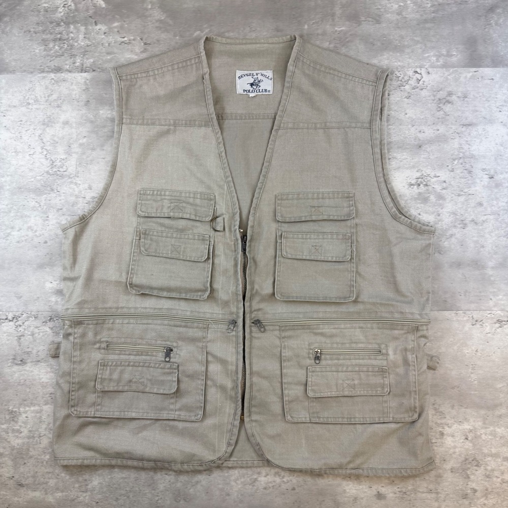 Beverly Hills Polo Club Mens Khaki Utility Fishing Vest Multi-Pocket XL Cotton